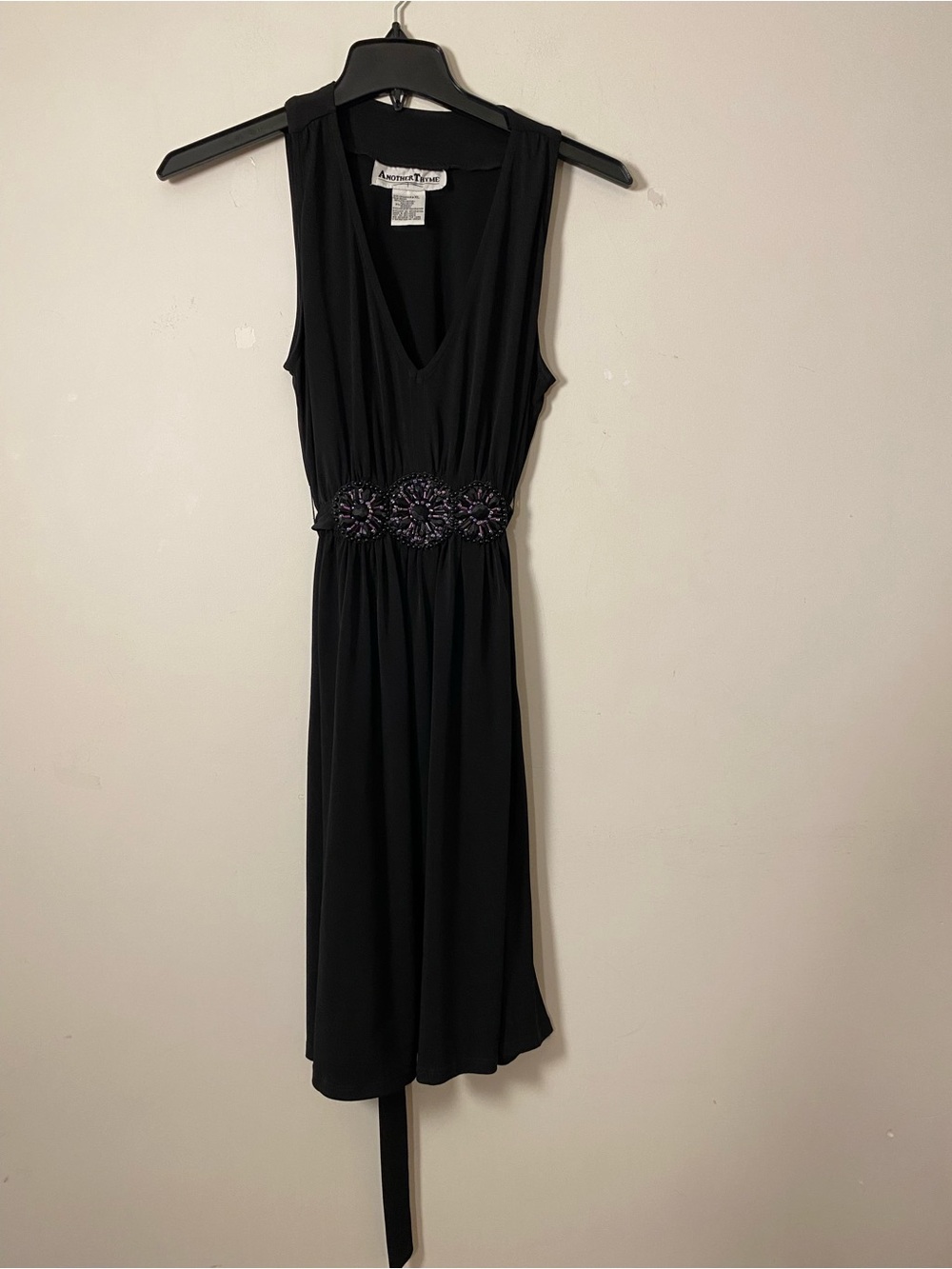 Another Thyme Black Sleeveless V-Neck Midi Dress with Beaded Stones Waist